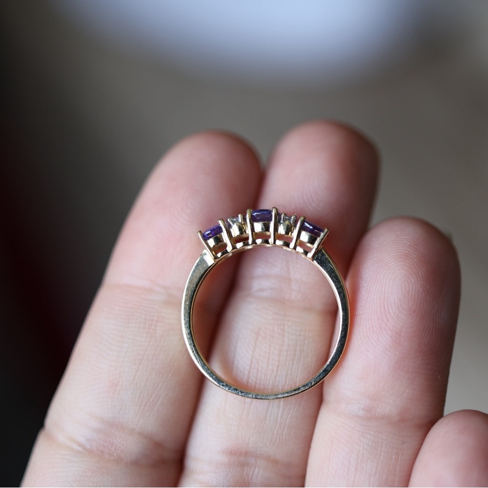 Three-Stone Blue Sapphire and Diamond Gold Ring 14k - Picture 7 of 9